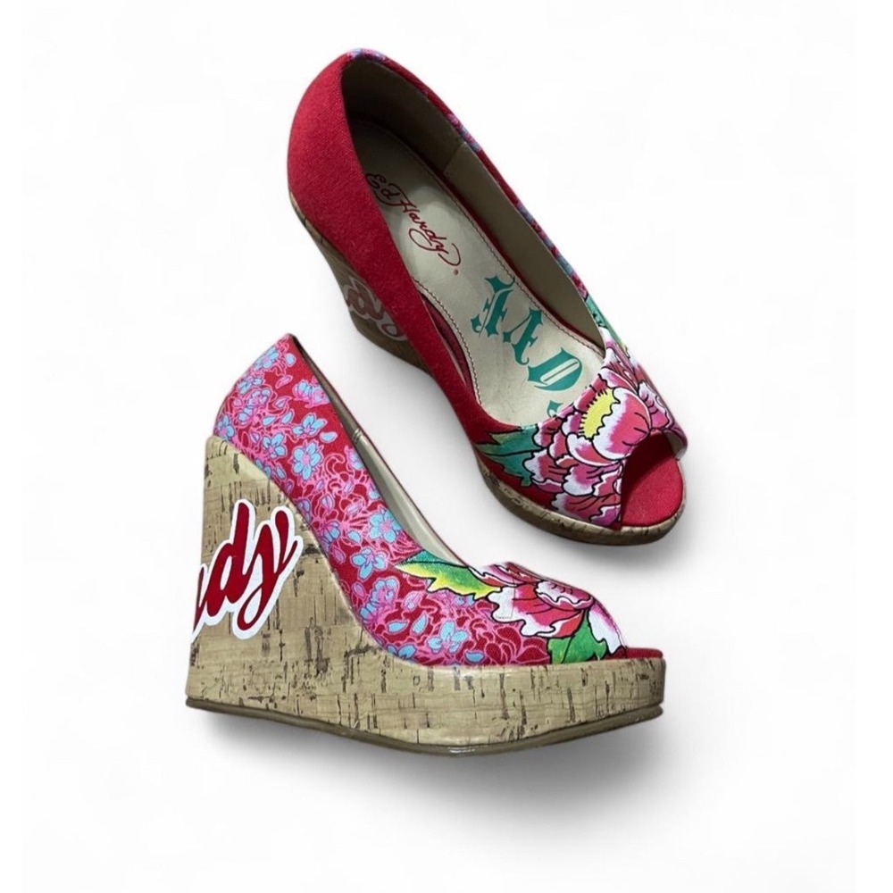 Ed Hardy Womens Red Tattoo Print Cork Wedge Peep Toe Pumps Y2K‎ Size 5